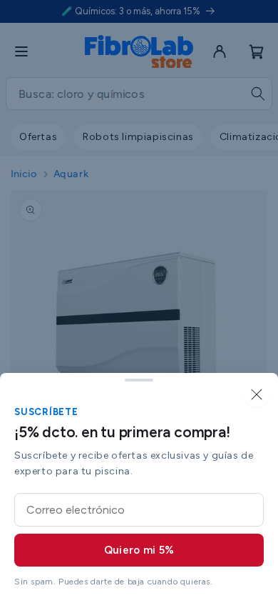 Ficha de bomba de calor en un teléfono de 390 px con el popup de suscripción tapando la mitad inferior de la pantalla